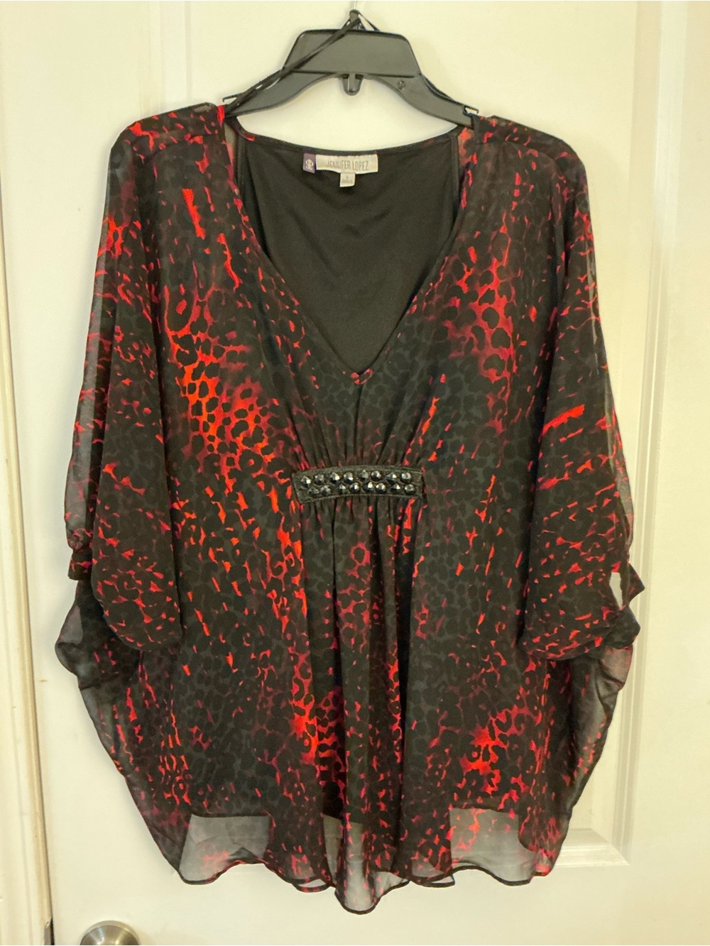 Jennifer Lopez Womens Small Red Black Leopard Print Kimono Blouse Beaded Waist S